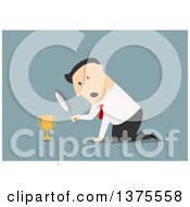 Clipart Of A Flat Design White Business Man Inspecting A Trophy On Blue Royalty Free Vector Illustration