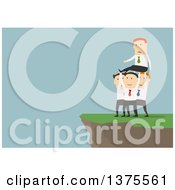 Clipart Of A Flat Design White Business Man Being Tossed Over A Cliff By His Colleagues On Blue Royalty Free Vector Illustration