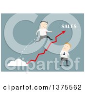 Poster, Art Print Of Flat Design White Business Man Leaping Over A Bad Salesman On Blue