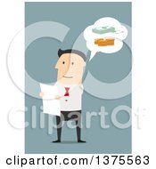 Clipart Of A Flat Design White Business Man Reading A Business Contract On Blue Royalty Free Vector Illustration