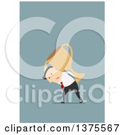 Clipart Of A Flat Design White Business Man Carrying A Heavy Trophy On Blue Royalty Free Vector Illustration