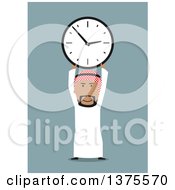 Flat Design Arabian Business Man Holding Up A Clock On Blue