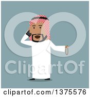 Flat Design Arabian Business Man Talking On A Cell Phone On Blue