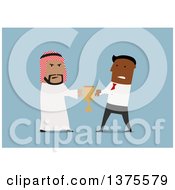 Poster, Art Print Of Flat Design Arabian And Black Business Men Fighting Over A Trophy On Blue