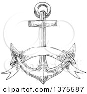 Clipart Of A Black And White Sketched Anchor And Blank Banner Royalty Free Vector Illustration