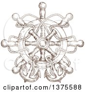Clipart Of Brown Sketched Nautical Anchors Rope And A Helm Royalty Free Vector Illustration