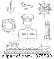 Black And White Sketched Captain In White Uniform Helm Ship Anchor Lifebuoy Lighthouse And Seagull
