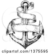 Clipart Of A Black And White Sketched Anchor And Blank Banner Royalty Free Vector Illustration