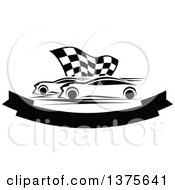 Poster, Art Print Of Black And White Race Cars And A Checkered Flag Over A Blank Banner