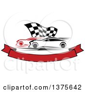 Poster, Art Print Of Race Cars And A Checkered Flag Over A Blank Banner