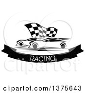 Poster, Art Print Of Black And White Race Cars And A Checkered Flag Over A Text Banner
