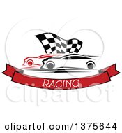 Poster, Art Print Of Race Cars And A Checkered Flag Over A Text Banner