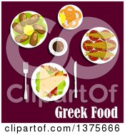 Clipart Of Flat Design Gyro With Meat Tomatoes French Fries And Tzatziki Sauce Rolled Into A Pita Fried Squid Mussels With Lemon Grilled Sardines Served On Tomatoes And Cup Of Coffee Royalty Free Vector Illustration