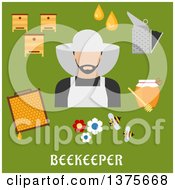 Poster, Art Print Of Flat Design Beekeeper And Accessories With Text On Green