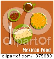 Flat Design Mexican Meal Of Tacos With Fried Pork Tomato And Lettuce On Corn Tortillas Nachos Spicy Salsa Sauce And Cup Of Coffee On Orange