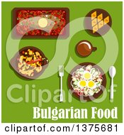 Flat Design Bulgarian Cuisine With Vegetarian Salad With Tomato Onion Mushroom Pepper Haricot Beans And Eggs Spicy Stew Baked Carp With Vegetables Baklava With Nuts And Drink