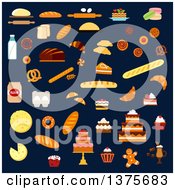 Poster, Art Print Of Flat Design Cakes And Cupcakes With Cream And Fruits Pies Buns Croissants Cookies Macarons Pancakes Donuts Pretzels Baguettes Long Loaves Of Wheat And Rye Bread Toasts And Dough Ingredients On Navy Blue