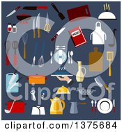 Clipart Of  Kitchen Utensil And Dishware Icons Of Chef Hat Pots Knives Cutting Boards Forks Spoons Ladles Spatulas Whisks Kettle Plates Trays Coffee Pot And Apron Menu Jug Colander Pepper And Salt Shakers Corkscrew And Scissors On Blue 