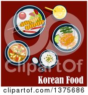 Poster, Art Print Of Flat Design Korean Meal Of With Rice Seafood Soup With Shrimp And Vegetables Marinated Shrimp On Spicy Carrot Salad With Lemon And Seaweed Bulgogi Skewers Served With Chilli Peppers Tomatoes Sauce And Fresh Juice On Red