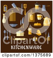Poster, Art Print Of Flat Design Kitchen Items Over Text On Brown