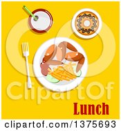 Poster, Art Print Of Flat Design Meal Of Chicken Wings French Fries Cucumbers A Soda And Donut With Lunch Text On Yellow