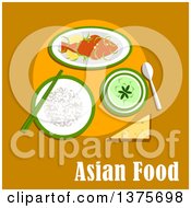 Flat Design Meal Of Sticky Rice Crispy Fried Whole Fish In Spicy Lemon Sauce And Thai Green Curry Over Asian Food Text On Orange