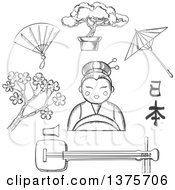 Poster, Art Print Of Sketched Cherry Blossom Fan Bonsai Umbrella And Calligraphy Around A Geisha Girl