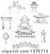 Poster, Art Print Of Grayscale Sketched Japanese Pagoda Surrounded By Blossoming Branch Of Sakura Torii Gate Paper Lantern Temple And Bridge