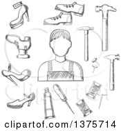 Poster, Art Print Of Black And White Sketched Shoemaker With Awl Heels Hammer Glue Nails And Shoes