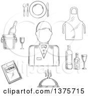 Poster, Art Print Of Black And White Sketched Waiter Man In Uniform Bow Tie Encircled By Menu Book Apron Tray With Bottles And Glass Champagne In Ice Bucket Plate With Fork Knife And Spoon Silver Cloche