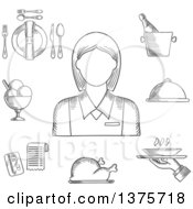 Black And White Sketched Waitress In Elegant Uniform Surrounded By Dinner Set Champagne And Ice Bucket Ice Cream Sundae Fried Chicken Cloche And Restaurant Bill