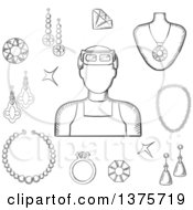 Poster, Art Print Of Black And White Sketched Jeweler With Earrings A Ring And Pendant With Red Gems Chain Bracelets And Shining Jewels