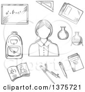 Poster, Art Print Of Black And White Sketched Female Encircled By Blackboard With Chalk Formula Books Pen Laboratory Flasks School Bag Exercise Book With Geometric Figures Triangle Ruler