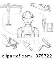 Black And White Sketched Builder With Tower Crane Hand Saw Trowel Paintbrush Paint Can Wheelbarrow And Paint Roller
