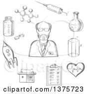 Poster, Art Print Of Gray Sketched Scientist Surrounded By Medical Biology Space Mechanic Geometry And Scientific Items
