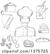 Grayscale Sketched Chef With Bread Beef Steak Pot With Ladle Tiered Cake Sliced Fresh Vegetables Chopping Board With Knives Whisk And Fork