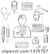 Grayscale Sketched Doctor With Medical Icons As Tubes Flasks Drugs And Pills Syringe Dentistry Blood Transfusion Ultrasound Stethoscope
