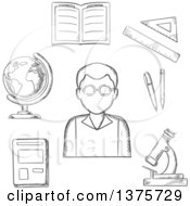 Poster, Art Print Of Grayscale Sketched Teacher Surrounded By A Notebook And Pen Ruler Book Open Classwork Microscope And Globe