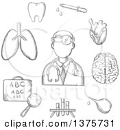 Clipart Of A Grayscale Sketched Doctor Encircled By An Eye Chart Lungs Tooth Eye Dropper Test Tubes Brain And Heart Depicting Examination Diagnosis And Treatment Royalty Free Vector Illustration