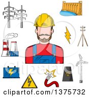 Sketched Electric Station Hydro And Wind Energy Nuclear Power Plant Power Lines And Pylon Battery And Danger Warning Sign With Professional Electrician