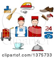 Poster, Art Print Of Sketched Bell Boy Maid And Composition Of Room Services Icons With Luggage Iron Shoe Cleaning Telephone Food Delivery Coffee And Cleaning