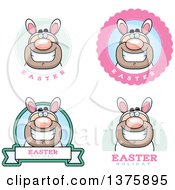 Clipart Of Badges Of A White Easter Bunny Man In A Costume Royalty Free Vector Illustration