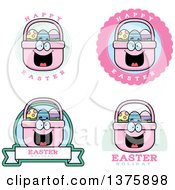 Clipart Of Badges Of A Happy Easter Basket Mascot Royalty Free Vector Illustration