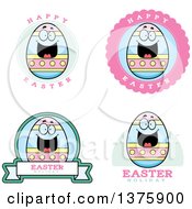 Clipart Of Badges Of A Happy Easter Egg Mascot Royalty Free Vector Illustration