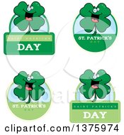 Clipart Of Badges Of A St Patricks Day Four Leaf Clover Character Royalty Free Vector Illustration