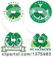 Clipart Of Badges Of A Happy Four Leaf Clover Character Royalty Free Vector Illustration