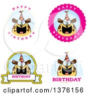Clipart Of Badges Of A Happy Birthday Dog Wearing A Party Hat Royalty Free Vector Illustration