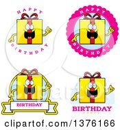 Clipart Of Badges Of A Birthday Gift Character Royalty Free Vector Illustration