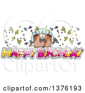 Poster, Art Print Of Chocolate Birthday Cake Character With Confetti And Text