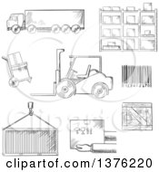 Poster, Art Print Of Black And White Sketched Truck Crate Barcode Container Shelving Loader And Wooden Box